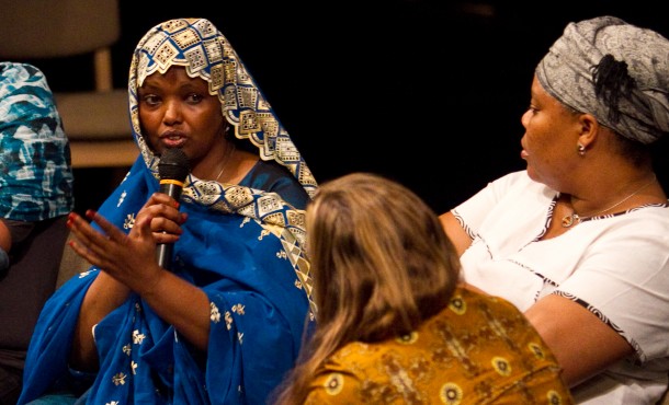 Dekha Ibrahim Abdi speaks with other women at the Women and War Peace Forum